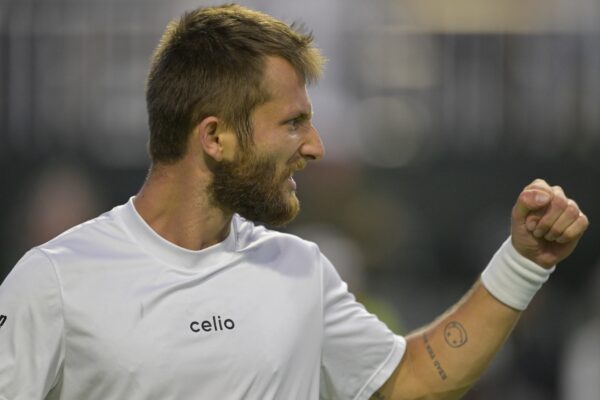 Mar 7, 2025; Indian Wells, CA, USA; Corentin Moutet (FRA) reacts after winning a game against Holger Rune (not pictured) in his second round match during the BNP Paribas Open at the Indian Well Tennis Garden.
