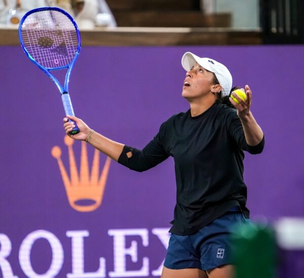 Madison Keys celebrates her only game win against Aryna Sabalenka during the WTA semifinals at the BNP Paribas Open in Indian Wells, Calif., Friday, March 14, 2025.