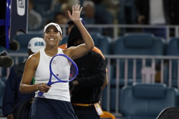 Mar 21, 2025; Miami, FL, USA; Madison Keys (USA) waves to the crowd after her match against Elina Avanesyan (ARM)(not pictured) on day four of the Miami Open at Hard Rock Stadium.