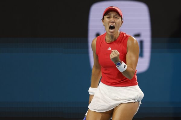 Mar 27, 2025; Miami, FL, USA; Jessica Pegula (USA) celebrates after match point against Alexandra Eala (PHL)(not pictured) in a women's singles semifinal on day ten of the Miami Open at Hard Rock Stadium.
