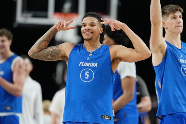Florida Gators guard Will Richard (5) during a practice session for the Final Four of the 2025 NCAA tournament at Alamodome.