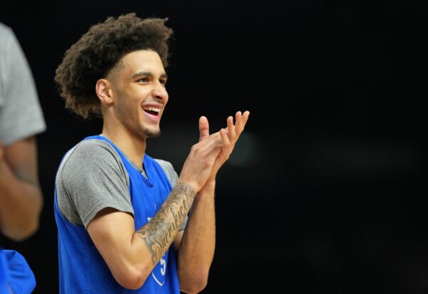 Apr 4, 2025; San Antonio, TX, USA; Duke Blue Devils guard Tyrese Proctor (5) during a practice session for the Final Four of the 2025 NCAA tournament at Alamodome.