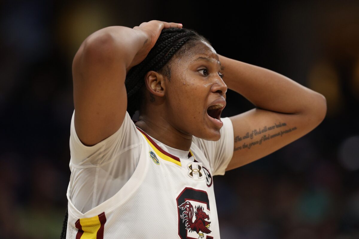 Apr 4, 2025; Tampa, FL, USA; South Carolina Gamecocks forward Sania Feagin (20) reacts during the second quarter in a semifinal of the women's 2025 NCAA tournament against the Texas Longhorns at Amalie Arena.