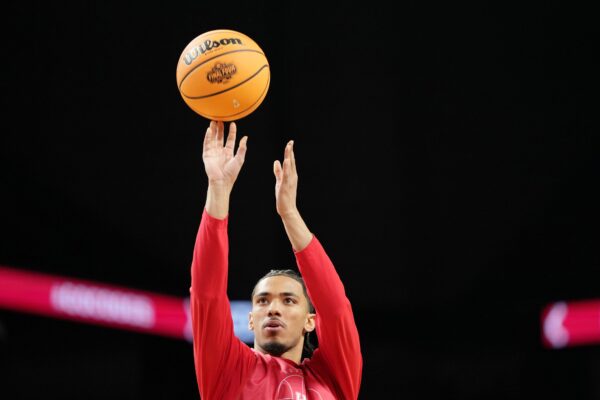 Houston Cougars guard Milos Uzan (7) during a practice session for the Final Four of the 2025 NCAA tournament at Alamodome.