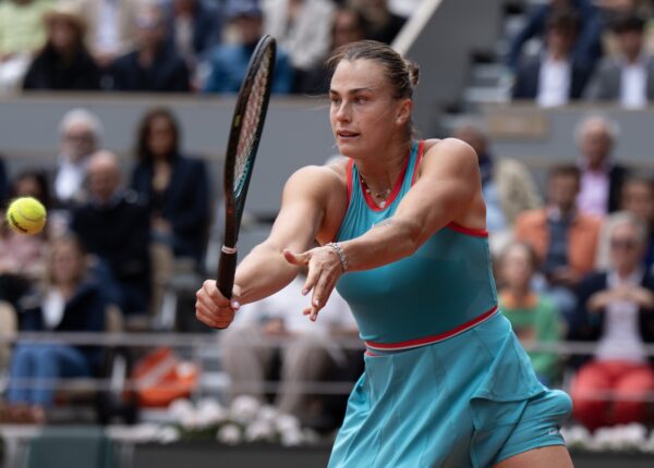 Jun 7, 2025; Paris, FR; Aryna Sabalenka returns a shot during the womenÕs singles final against Coco Gauff of the United States on day 14 at Roland Garros Stadium.