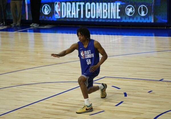 Tre Johnson (56) participates in the 2025 NBA Draft Combine at Wintrust Arena.