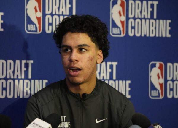 Will Riley talks to the media during the 2025 NBA Draft Combine at Marriott Marquis Chicago.