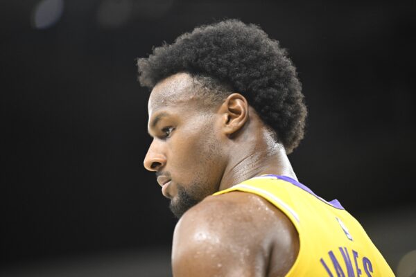 Los Angeles Lakers guard Bronny James (9) plays during the second half against the Phoenix Suns at Acrisure Arena.