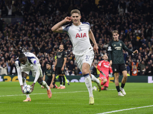 Tottenham Hotspur s Micky van de Ven celebrates scoring his side s third goal during the UEFA Champions League match between Tottenham and Copenhagen at the Tottenham Hotspur Stadium in London, England.