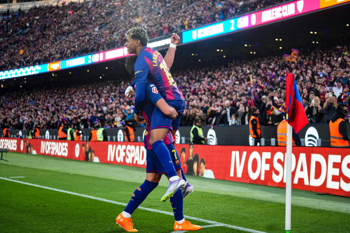Lamine Yamal of FC Barcelona celebrates the 1-0 with Fermin Lopez during the La Liga EA Sports match between FC Barcelona and Athletic Club played at Spotify Camp Nou Stadium on November 22 2025 in Barcelona, Spain.