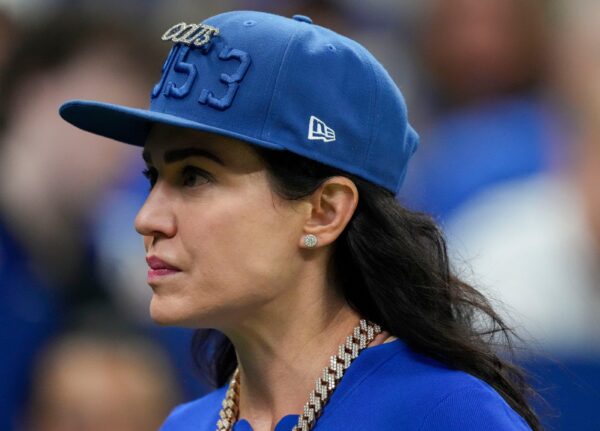 Indianapolis Colts owner Carlie Irsay-Gordon walks off the field Sunday, Oct. 5, 2025, during a game at Lucas Oil Stadium in Indianapolis. The Colts defeated the Raiders 40-6.