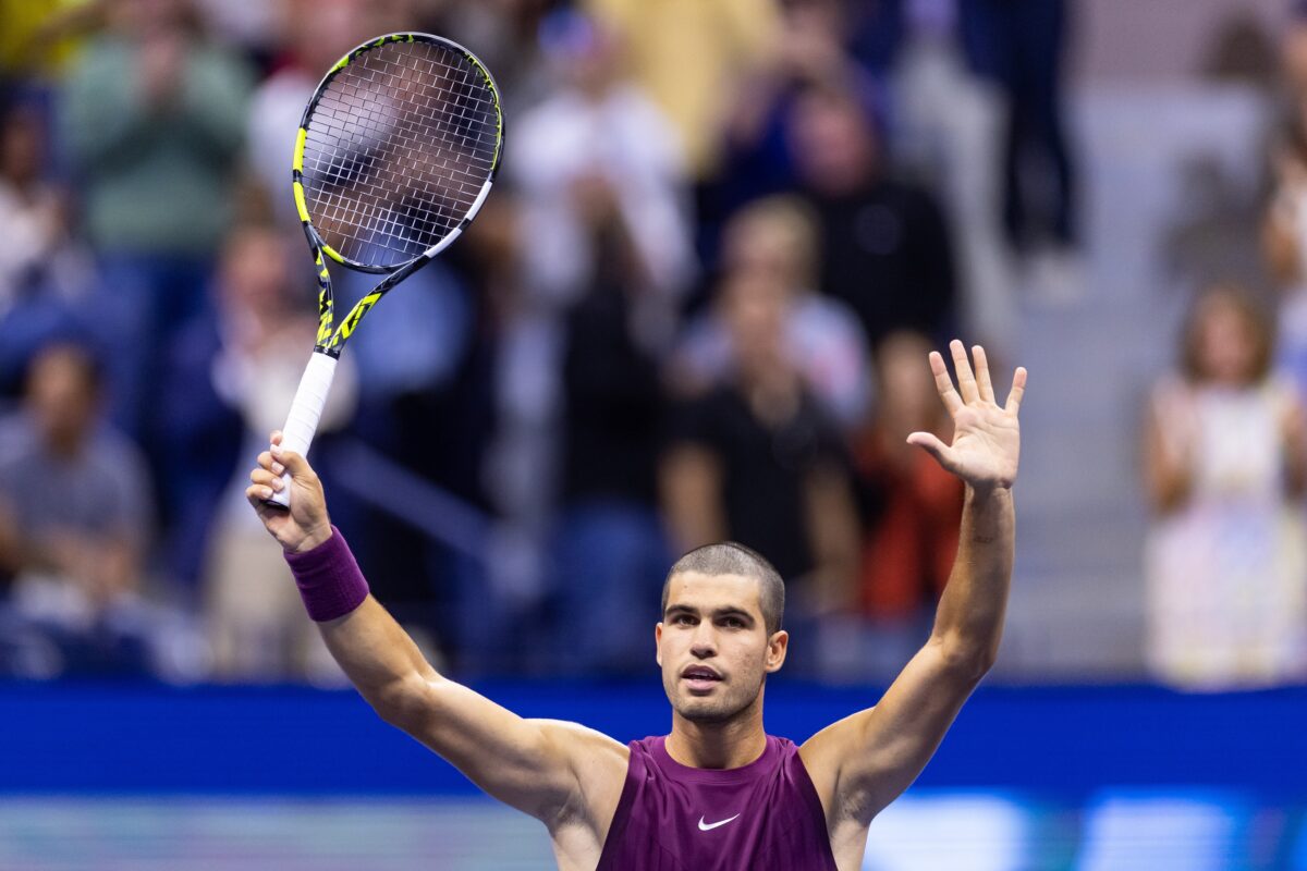 Aug 27, 2025; Flushing, NY, USA; Carlos Alcaraz of Spain celebrates after his victory over Mattia Bellucci of Italy in the second round of the men’s singles at the US Open at Arthur Ashe Stadium in Billie Jean King National Tennis Center.
