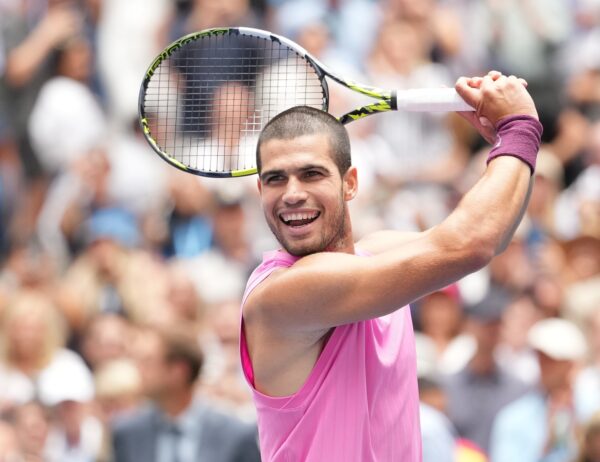 Sep 2, 2025; Flushing, NY, USA; Carlos Alcaraz (ESP) after beating Jiri Lehecka (CZE) (not pictured) on day ten of the 2025 U.S. Open tennis tournament at the USTA Billie Jean King National Tennis Center.