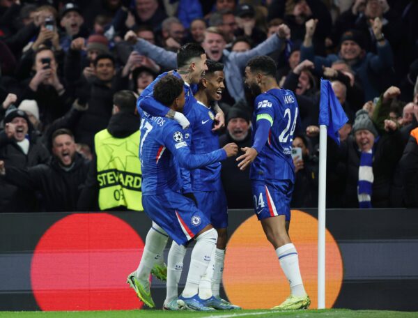 Estevao of Chelsea goal celebration with Reece James of Chelsea after scoring a goal to put Chelsea 2-0 ahead. - Chelsea v FC Barcelona, UEFA Champions League, League Phase, Stamford Bridge Stadium, London, England. - 25th November 2025.