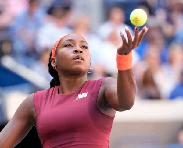 Aug 30, 2025; Flushing, NY, USA; Coco Gauff (USA) hits to Magdalena Frech (POL) (not pictured) on day seven of the 2025 U.S. Open tennis tournament at the USTA Billie Jean King National Tennis Center.