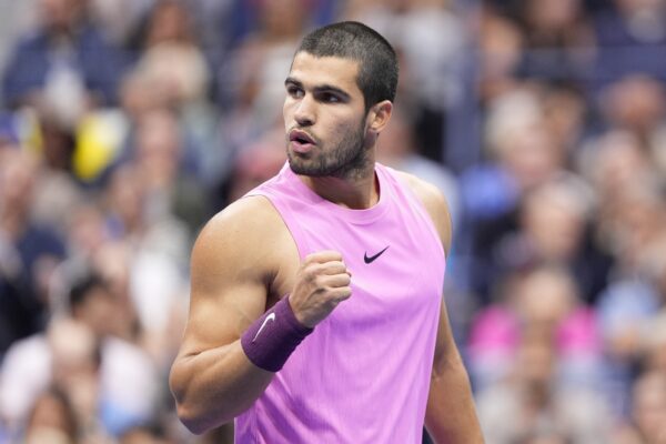 Sep 7, 2025; Flushing, NY, USA; Carlos Alcaraz (ESP) reacts against Jannik Sinner (ITA) (not pictured) during the final of mens singles at Billie Jean King National Tennis Center.