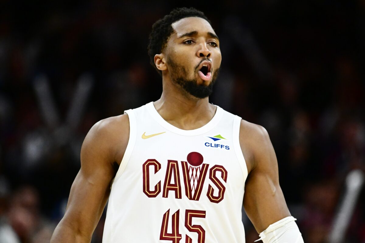Cleveland Cavaliers guard Donovan Mitchell (45) reacts against the Atlanta Hawks during the second half at Rocket Arena.