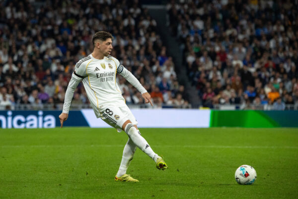 Fede Valverde of Real Madrid seen in action during the EA SPORTS LaLiga 2025-2026 match between Real Madrid and Valencia, played at the Santiago Bernab&eacute;u stadium.