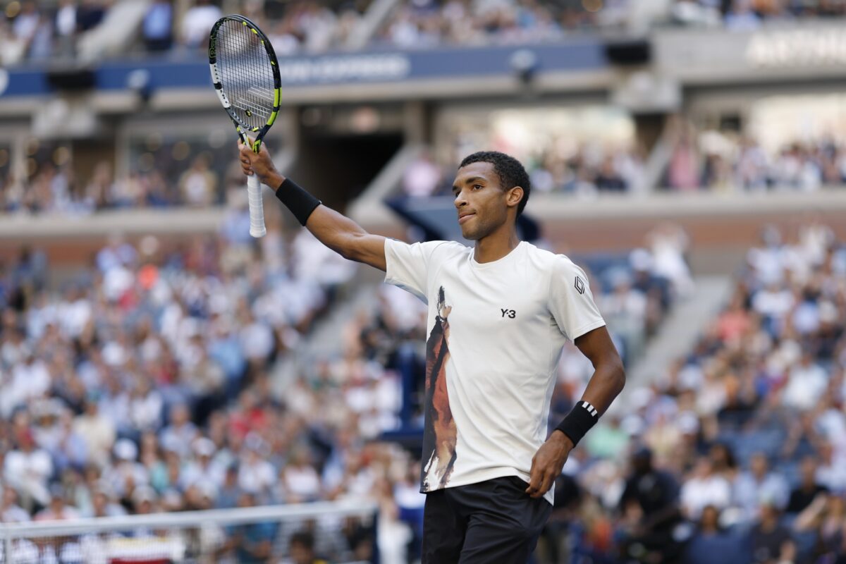 Sep 3, 2025; Flushing, NY, USA; Felix Auger-Aliassime (CAN) celebrates after match point against Alex de Minaur (AUS) (not pictured) on day eleven of the 2025 US Open tennis championships at USTA Billie Jean King National Tennis Center.