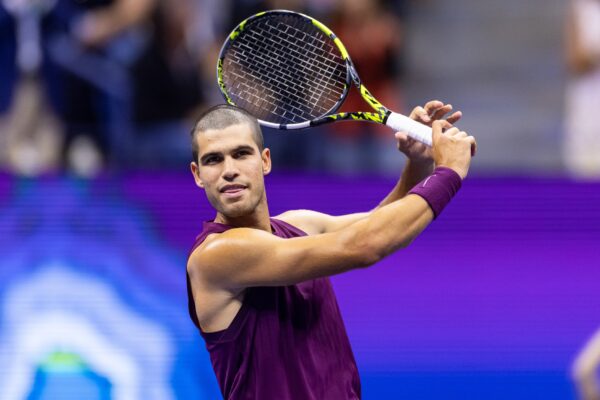 Aug 27, 2025; Flushing, NY, USA; Carlos Alcaraz of Spain celebrates after his victory over Mattia Bellucci of Italy in the second round of the men&rsquo;s singles at the US Open at Arthur Ashe Stadium in Billie Jean King National Tennis Center.