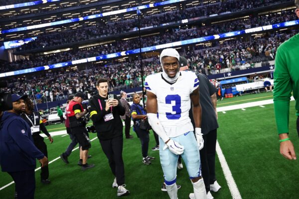 Dallas Cowboys wide receiver George Pickens (3) smiles after the game against the Philadelphia Eagles at AT&T Stadium.