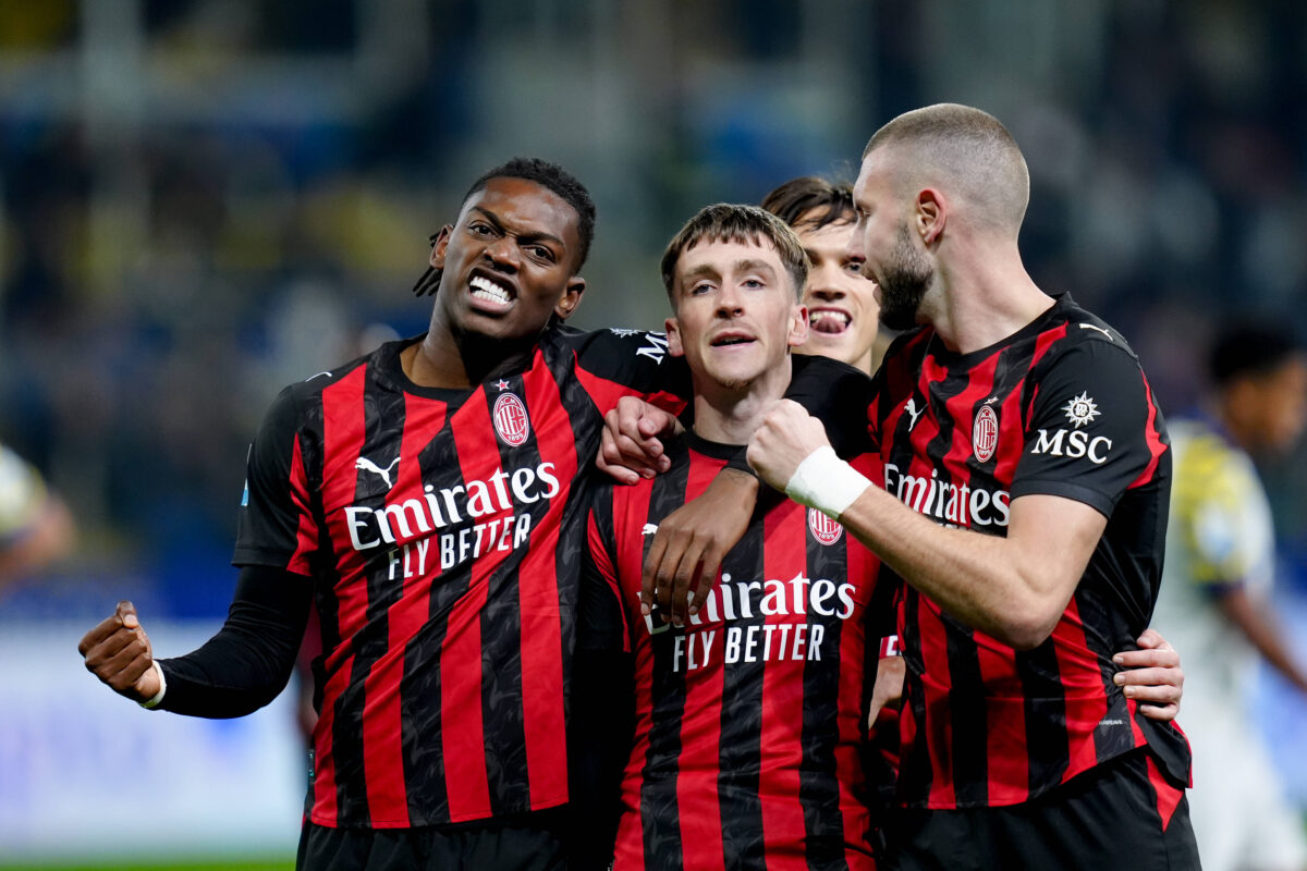 Serie A Enilive Alexis Saelemaekers of AC Milan celebrates with Strahinja Pavlovic and Rafael Leao after scoring first goal during the Serie A Enilive match between Parma Calcio 1903 and AC Milan at Stadio Ennio Tardini on November 8, 2025 in Parma, Italy.