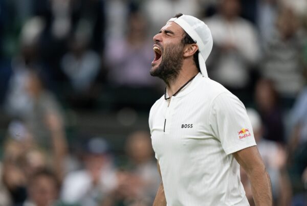 Jul 8, 2023; London, United Kingdom; Matteo Berrettini (ITA) celebrates winning his match against Alexander Zverev (GER) on day six at the All England Lawn Tennis and Croquet Club.