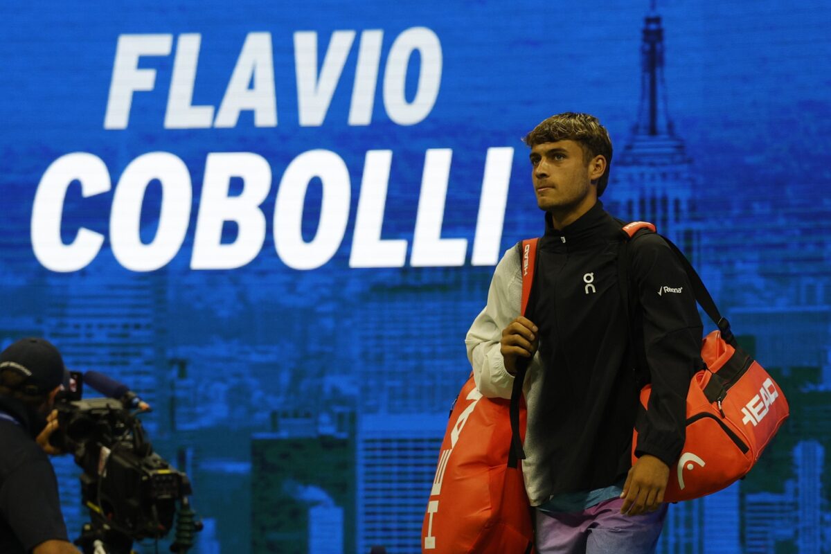Aug 31, 2024; Flushing, NY, USA; Flavio Cobolli (ITA) walks onto the court prior to his match against Daniil Medvedev (not pictured) in a men's singles match on day six of the 2024 U.S. Open tennis tournament at USTA Billie Jean King National Tennis Center.
