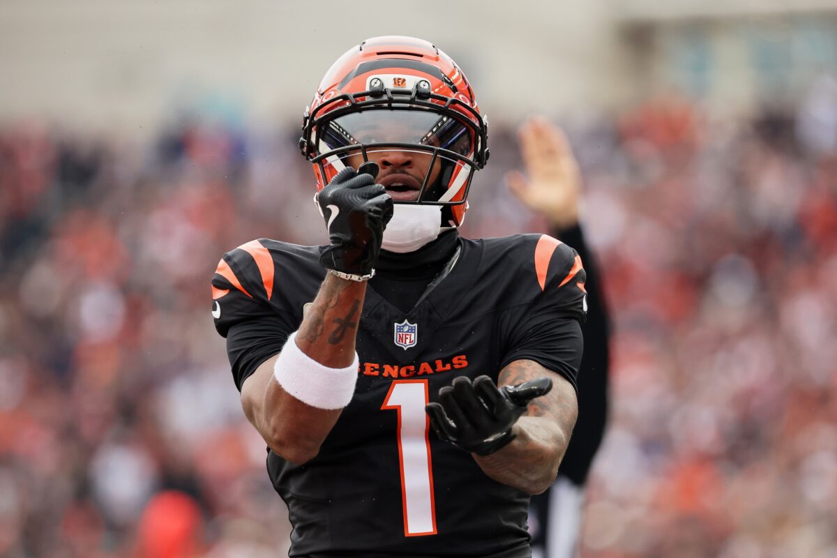Cincinnati Bengals wide receiver Ja'Marr Chase (1) celebrates after scoring a touchdown against the Chicago Bears during the second quarter at Paycor Stadium.