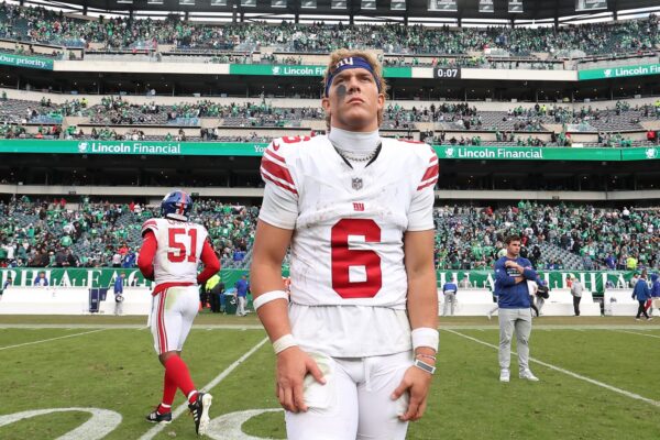 New York Giants quarterback Jaxson Dart (6) looks on after a loss to the Philadelphia Eagles at Lincoln Financial Field.