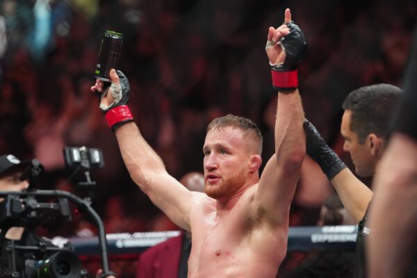 Mar 8, 2025; Las Vegas, Nevada, USA; Justin Gaethje (red gloves) reacts after fighting Rafael Fiziev (not pictured) during UFC 313 at T-Mobile Arena.