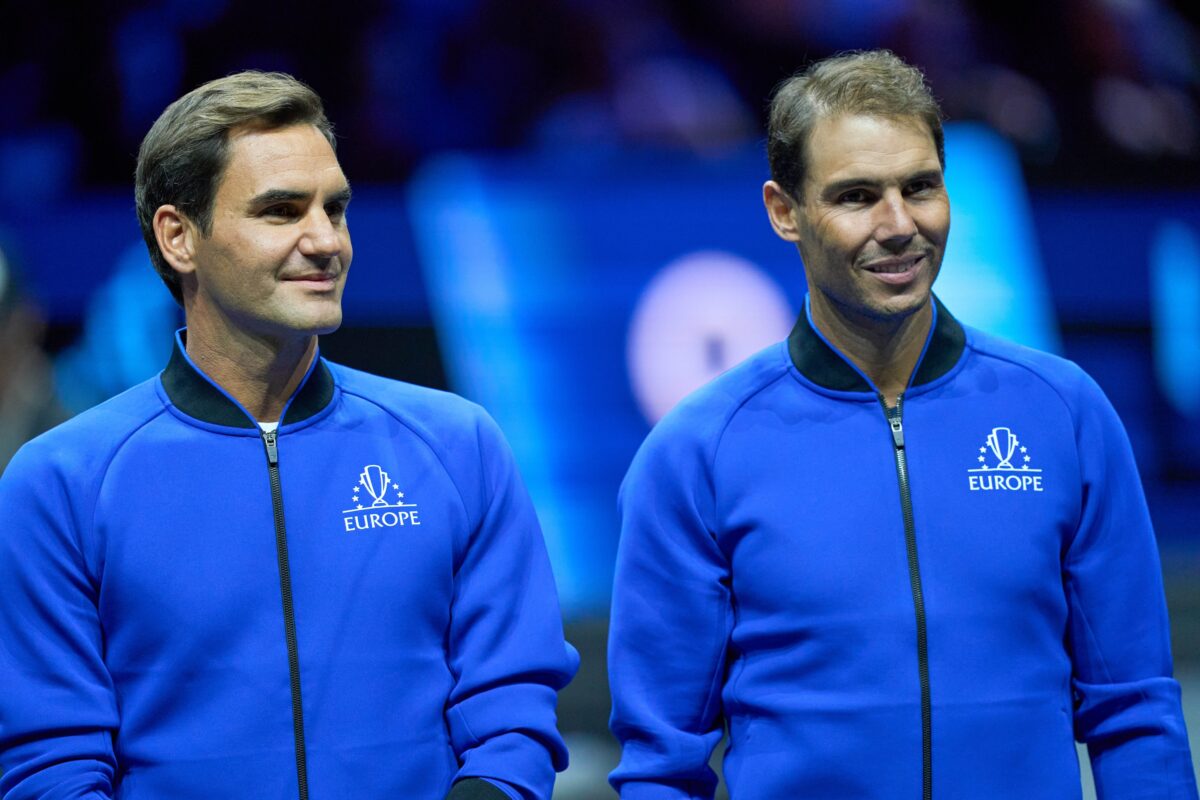 Sep 23, 2022; London, United Kingdom; Roger Federer (SUI) and Rafael Nadal (ESP) of Team Europe on court at the opening of the Laver Cup tennis event.