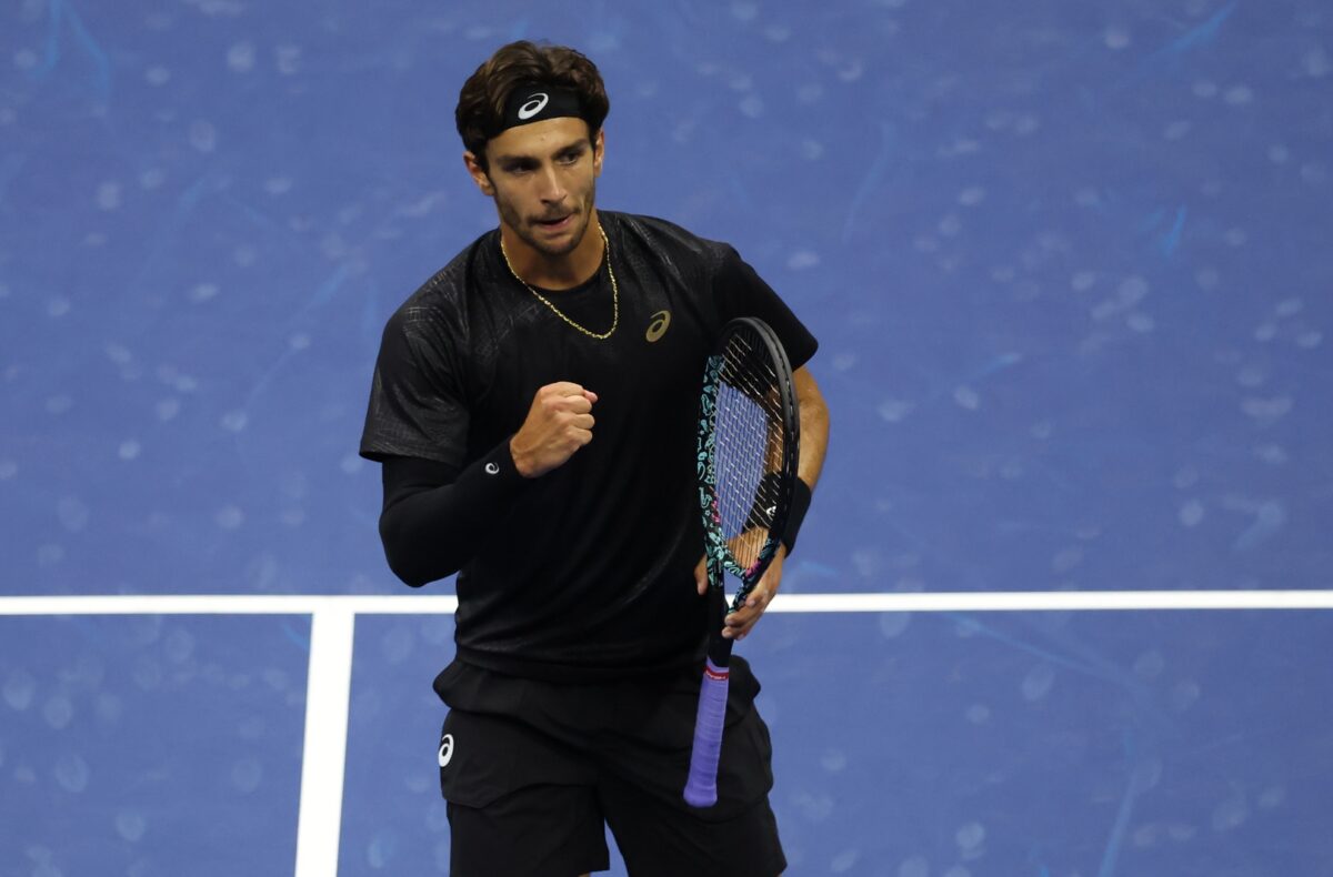 Sep 3, 2025; Flushing, NY, USA; Lorenzo Musetti (ITA) reacts after a point against Jannik Sinner (ITA) (not pictured) on day eleven of the 2025 US Open tennis championships at USTA Billie Jean King National Tennis Center.