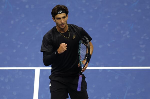 Sep 3, 2025; Flushing, NY, USA; Lorenzo Musetti (ITA) reacts after a point against Jannik Sinner (ITA) (not pictured) on day eleven of the 2025 US Open tennis championships at USTA Billie Jean King National Tennis Center.