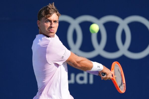 Aug 1, 2025; Toronto, ON, Canada; Flavio Cobolli (ITA) sets up to hit a ball to Fabian Marozsan (not pictured) during the third round at Sobeys Stadium.