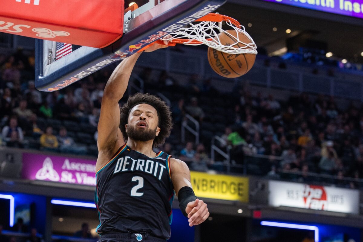 Detroit Pistons guard Cade Cunningham (2) shoots the ball in the second half against the Indiana Pacers at Gainbridge Fieldhouse.
