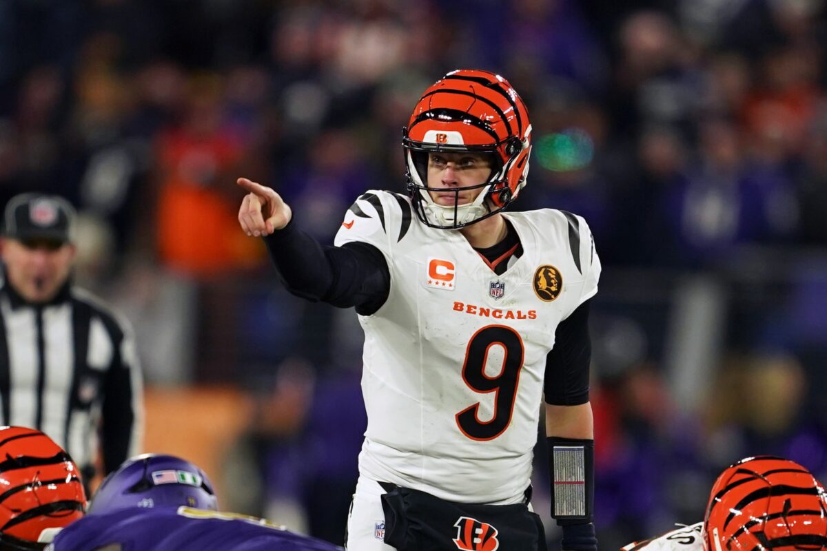 Cincinnati Bengals quarterback Joe Burrow (9) reacts against the Baltimore Ravens during the second half at M&T Bank Stadium.