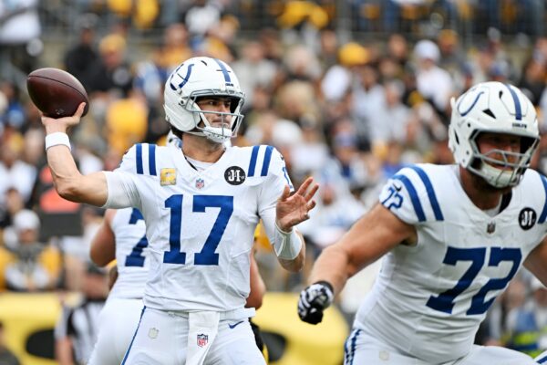 Indianapolis Colts quarterback Daniel Jones (17) drops back for a pass during the first half against the Pittsburgh Steelers at Acrisure Stadium.