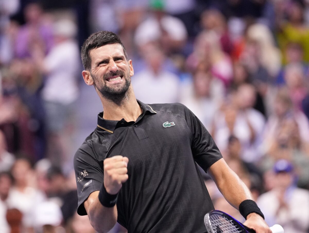 Aug 31, 2025; Flushing, NY, USA; Novak Djokovic (SRB) after beating Jan-Lennard Struff (GER) (not pictured) on day eight of the 2025 U.S. Open tennis tournament at the USTA Billie Jean King National Tennis Center.