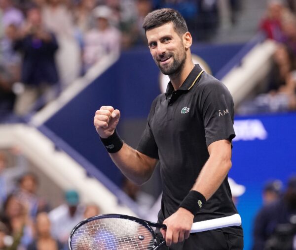 Aug 31, 2025; Flushing, NY, USA; Novak Djokovic (SRB) after beating Jan-Lennard Struff (GER) (not pictured) on day eight of the 2025 U.S. Open tennis tournament at the USTA Billie Jean King National Tennis Center.