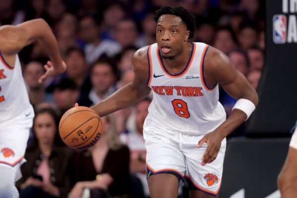 New York Knicks forward OG Anunoby (8) brings the ball up court against the Minnesota Timberwolves during the fourth quarter at Madison Square Garden.