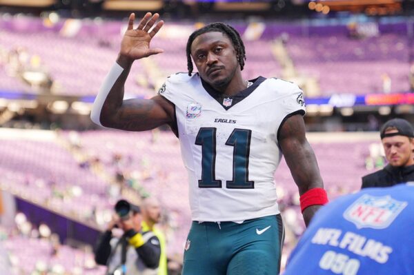 Philadelphia Eagles wide receiver A.J. Brown (11) waves to the fans after the game against the Minnesota Vikings at U.S. Bank Stadium.