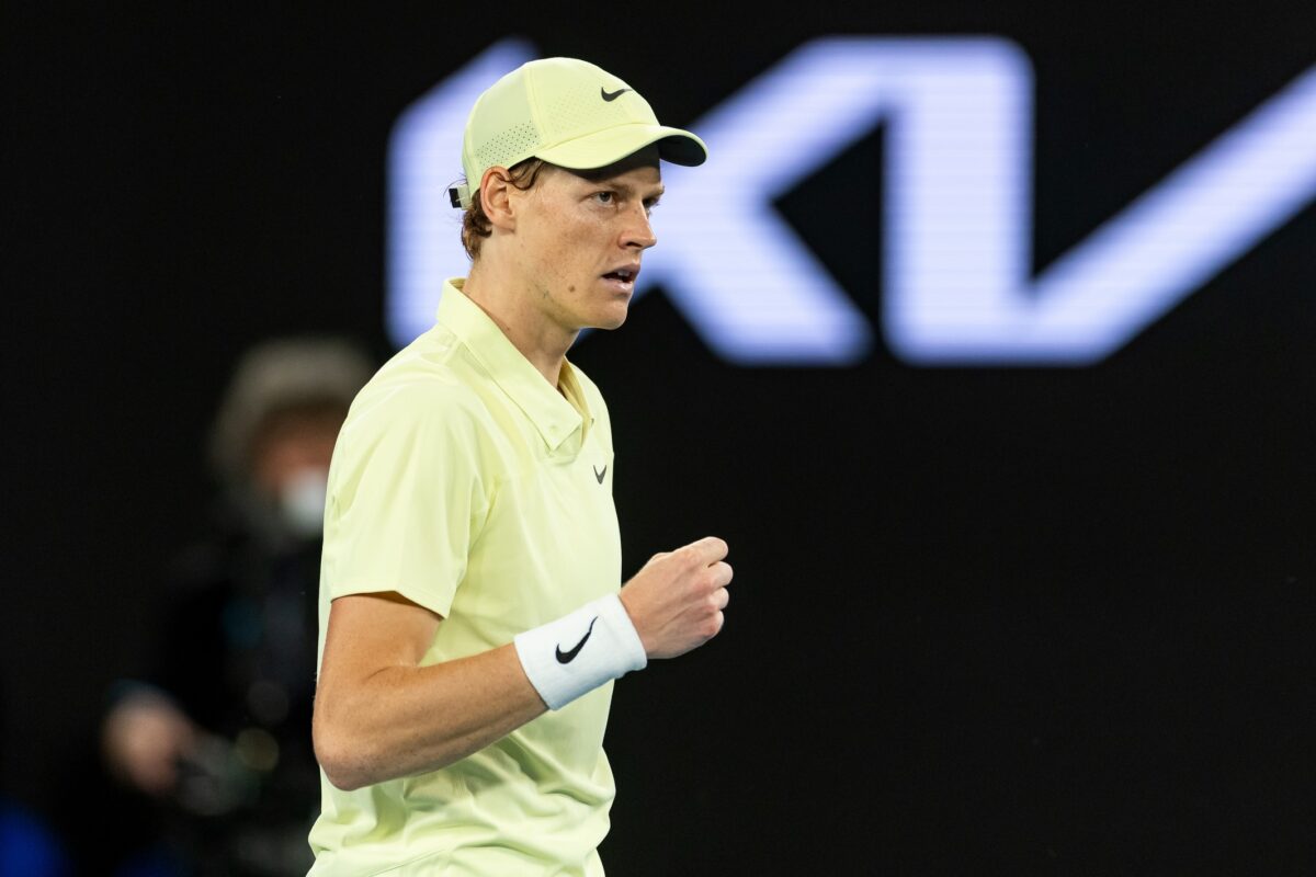 Jan 26, 2025; Melbourne, Victoria, Australia; Jannik Sinner of Italy in action during his match against Alexander Zverev of Germany in the final of the men's singles at the 2025 Australian Open at Melbourne Park.