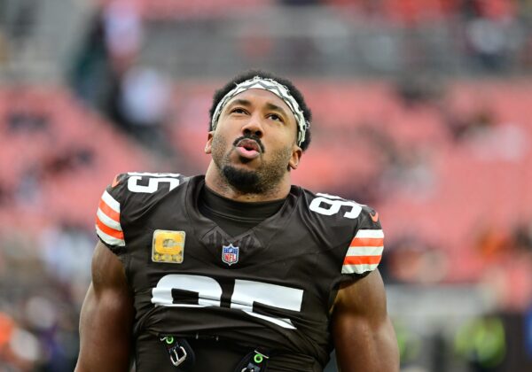 Cleveland Browns defensive end Myles Garrett (95) warms up before a game against the Baltimore Ravens at Huntington Bank Field.