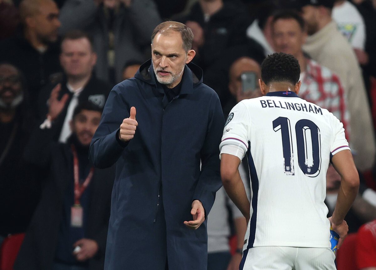 Thomas Tuchel England manager gives the thumbs up to his England team whilst talking with Jude Bellingham of England. - England v Albania, FIFA World Cup 2026 European Qualifier, Group K, Wembley Stadium, London, UK - 21st March 2025.