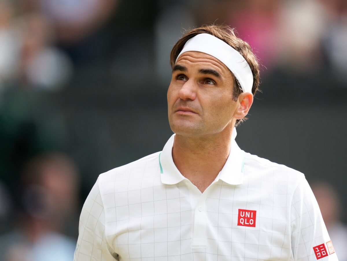 Jul 7, 2021; London, United Kingdom; Roger Federer (SUI) seen playing Hubert Hurkacz (POL) in the quarter finals at All England Lawn Tennis and Croquet Club.