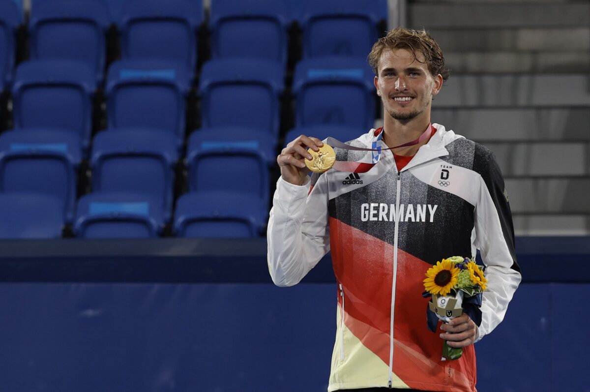 Aug 1, 2021; Tokyo, Japan; Alexander Zverev (GER) with his gold medal after the men's singles gold medal match during the Tokyo 2020 Olympic Summer Games at Ariake Tennis Park.