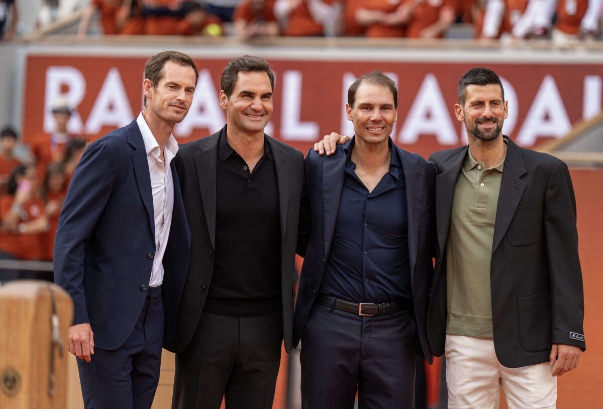 May 25, 2025; Paris, FR; Roger Federer of Switzerland, Novak Djokovic of Serbia and Andy Murray of Great Britain with Rafael Nadal of Spain during the presentation ceremony paying tribute to the career of Rafael Nadal of Spain on a packed Court Philippe Chatrier Courtday on day one at Roland Garros Stadium.