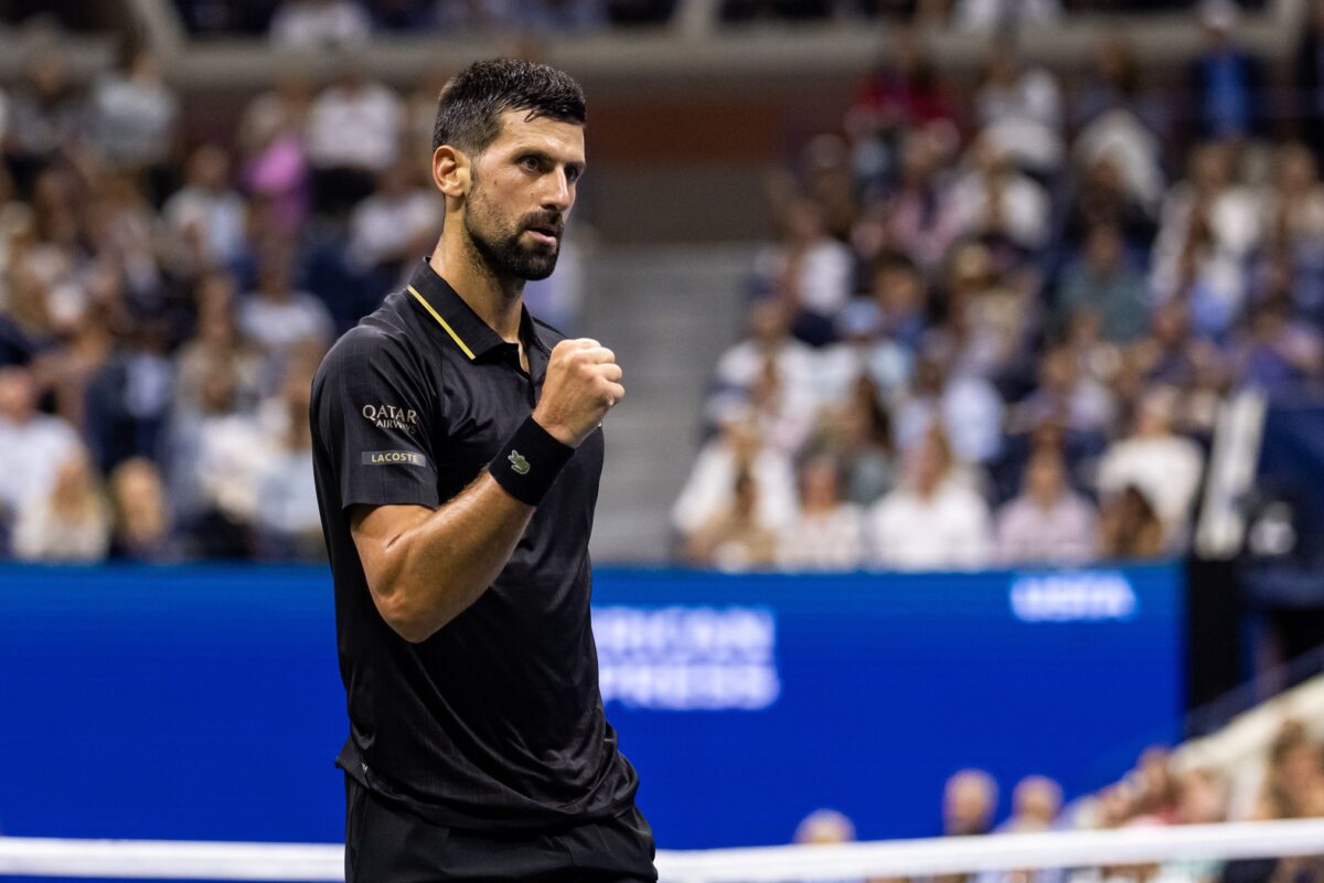Sep 2, 2025; Flushing, NY, USA; Novak Djokovic of Serbia in action against Taylor Fritz of the United States in the quarterfinal of the men’s singles at the US Open at Arthur Ashe Stadium in Billie Jean King National Tennis Center.
