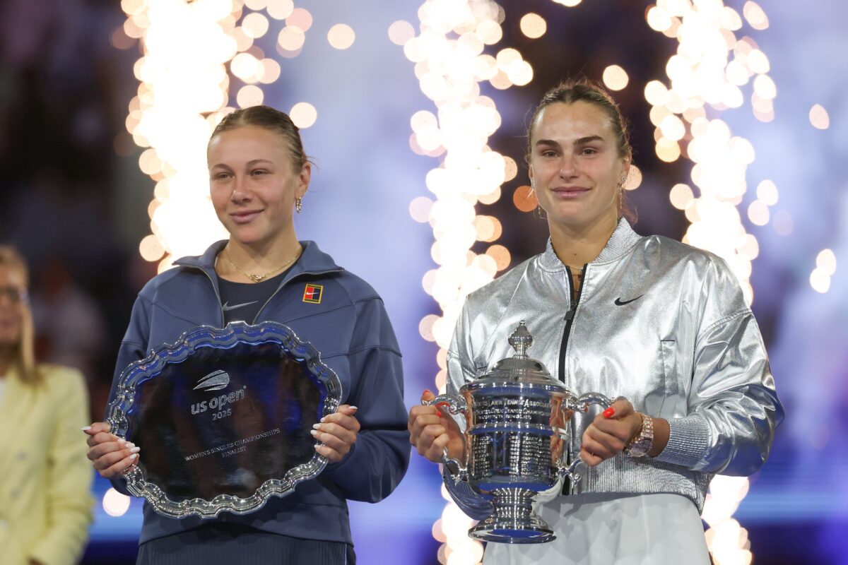 Sep 6, 2025; Flushing, NY, USA; Amanda Anisimova (USA) and Aryna Sabalenka pose for a photo with their trophies after the women's singles final of the 2025 US Open tennis championships at Billie Jean King National Tennis Center.